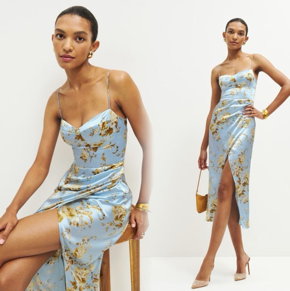 NWT Reformation Marguerite Blue Floral Silk Dress 8